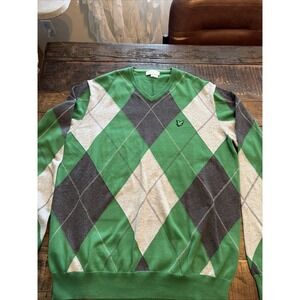 Lyle & Scott Sweater Mens XL Gray Green Argyle Pullover Jumper V-Neck Casual!